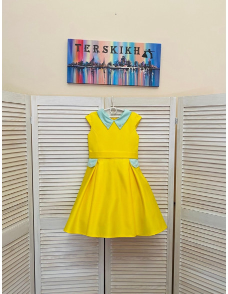 Yellow pageant interview cocktail dress with mint collar and pockets/ Knee length dress/ Girl Interview outfit/ Custom pageant dresses