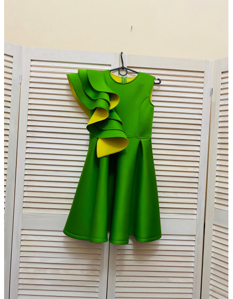 Green yellow girl neoprene scuba dress with ruffles/ Interview pageant dress/Girls pageant wear/ Ruffles dress/ Custom pageant outfit