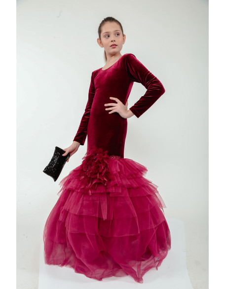 Burgundy pageant velvet long sleeves girl dress/ Tulle mermaid dress/ Teens floor length dress/ Prom Wedding Birthday dress/ Custom outfit