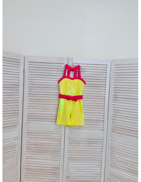 Yellow sequins pageant girls romper with pink bow/ Girls pageant runway outfit/ Fun Fashion/ Custom pageant outfit