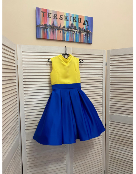 Royal Blue and yellow  pageant interview cocktail dress with ruffles/ Knee length dress/ Girl Interview outfit/ Custom pageant dresses