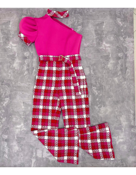 Pink, red and white checkered tweed girls pageant jumpsuit with one sleeve/ Interview outfit/ Pageant casual wear/ Custom pageant outfit