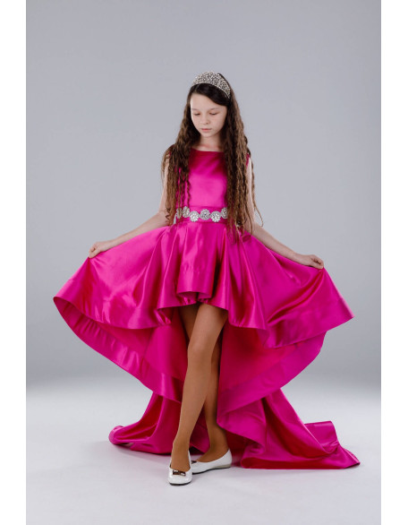 Hot pink pageant high low dress with train /Fun fashion pageant dress /Teens outfit/ Hot pink satin runway outfit/ Custom pageant dress