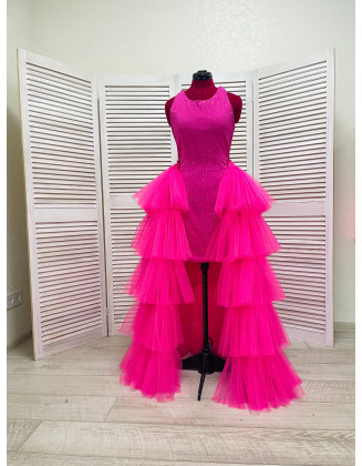 Hot pink pageant fun fashion outfit with stoned dress and tulle overskirt/ Girls teens pageant outfit/ Runway outfit/ Custom pageant dresses