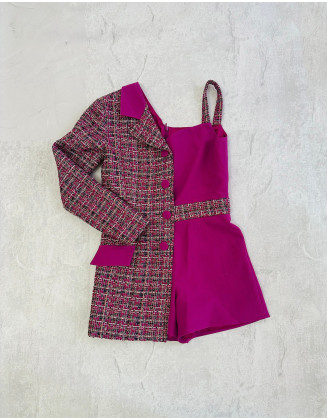 Fuchsia asymmetrical tweed girls pageant romper with one sleeve/ Girls casual outfit/ Pageant casual wear/ Custom pageant outfit