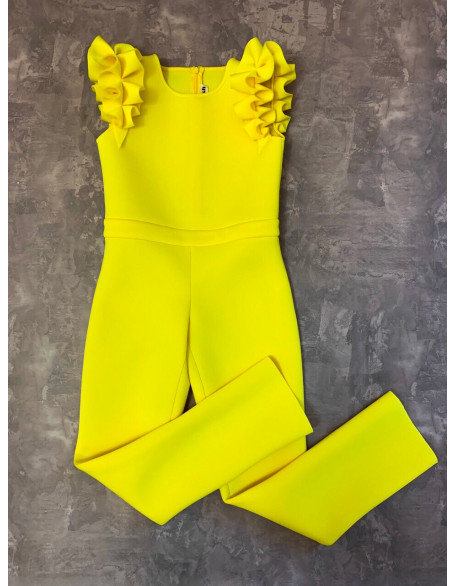 Bright hot yellow girl neoprene jumpsuit with ruffle sleeves/ Casual romper/ Girls casual wear/ Ruffles romper/ Custom outfit