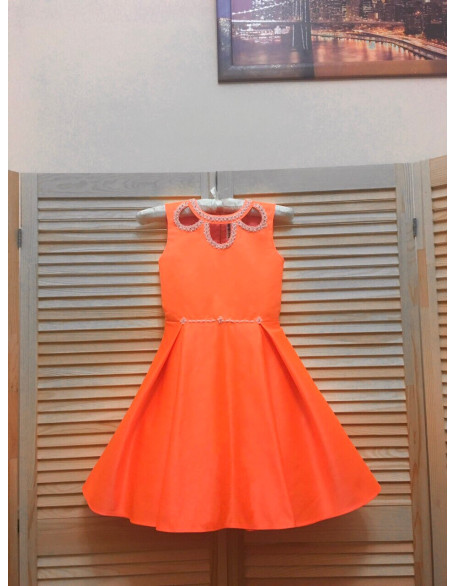 Neon orange pageant interview cocktail dress with beaded neckline/ Knee length dress/ Girl Interview outfit/ Custom pageant dresses