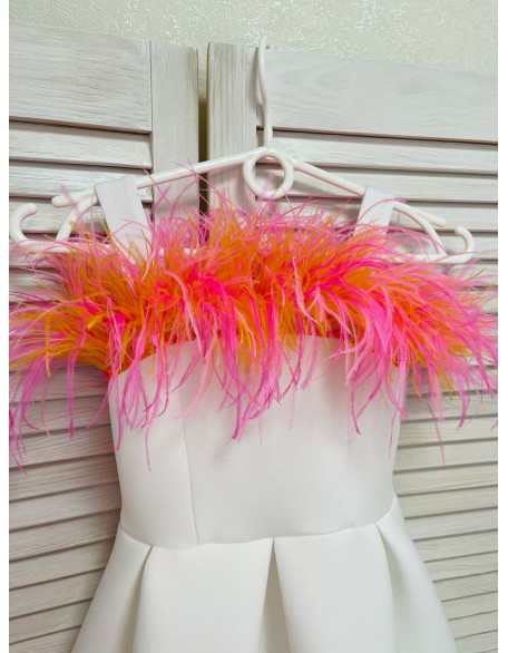 White girl neoprene scuba dress with orange and pink feathers/Girls pageant wear/ Cocktail feathers dress/ Custom pageant outfit