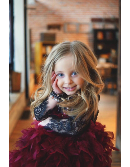 Burgundy Black lace feathers long sleeves girl dress/First Birthday Dress/ Boho dress/ Flower girl dress/ Toddler Infant Baby dress