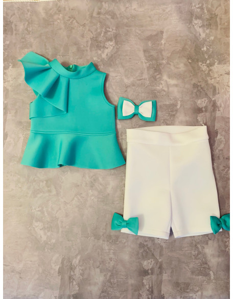 Mint turquoise and white girls suit with top and shorts/ Casual pageant outfit/ Girls casual wear/Scuba suit/ Custom outfit