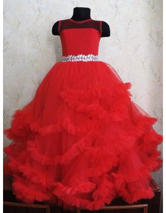 Red tulle fluffy girl dress with crystals belt/ Flower girl dress/ Toddler dress/ Baby pageant dress/Custom girl dress