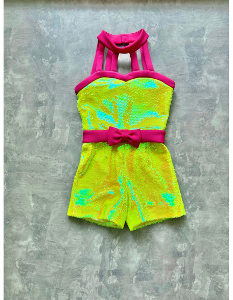 Yellow sequins pageant girls romper with pink bow/ Girls pageant runway outfit/ Fun Fashion/ Custom pageant outfit