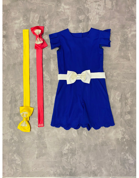 Royal blue girls pageant romper with three bow belts and scrolled bottom/ Girls casual outfit/ Pageant casual wear/ Custom pageant outfit