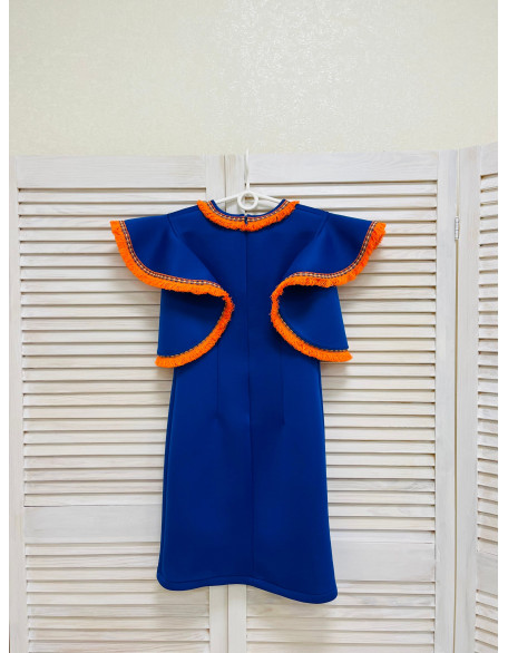 Royal blue girl neoprene scuba dress with ruffle sleeves and hot orange trim/ Interview dress/ Girls casual wear/ Custom pageant outfit