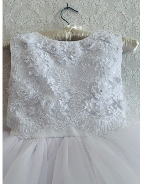 White lace pageant high low dress/ Outfit with train / Flower girl dress/ White tulle dress /Toddler dress / Custom girls pageant dresses