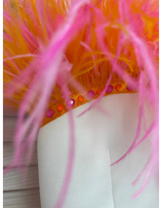 White girl neoprene scuba dress with orange and pink feathers/Girls pageant wear/ Cocktail feathers dress/ Custom pageant outfit