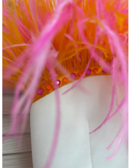 White girl neoprene scuba dress with orange and pink feathers/Girls pageant wear/ Cocktail feathers dress/ Custom pageant outfit