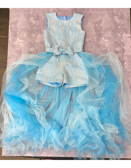 Blue silver glitter pageant fun fashion outfit with train and romper/ Girls teens pageant outfit/ Runway jumpsuit/  Custom pageant dresses