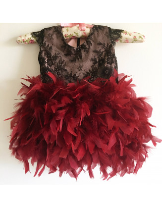 Burgundy Black lace feathers girl dress/First Birthday Dress/ Boho dress/ Flower girl dress/ Toddler Infant Baby dress/ Custom dress