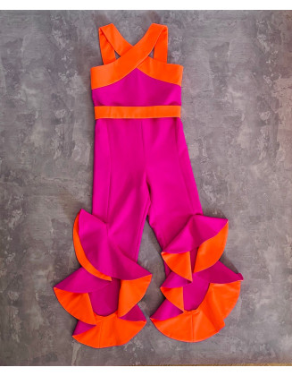 Hot pink girls jumpsuit with neon orange ruffles bottoms/ Casual romper/ Girls casual wear/ Ruffles romper/ Custom outfit