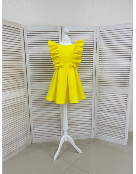 Yellow girl neoprene scuba dress with ruffles and bows/ Interview girls dress/ Custom pageant outfit