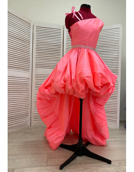 Neon pink taffeta high low one shoulder girls dress/ Fun fashion dress/ Runway dress/ Custom pageant dresses