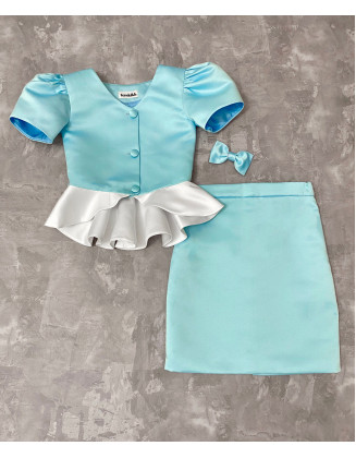 Blue Mint white satin girls suit with jacket and skirt/ Peplum jacket/ Girls interview outfit/ Custom pageant suit