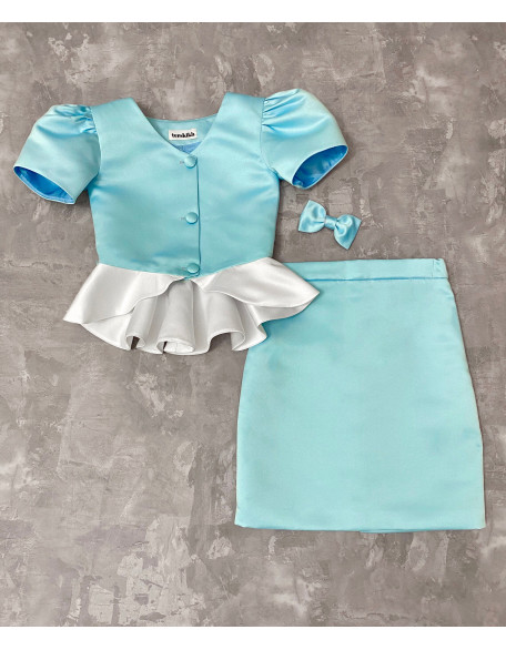 Blue Mint white satin girls suit with jacket and skirt/ Peplum jacket/ Girls interview outfit/ Custom pageant suit