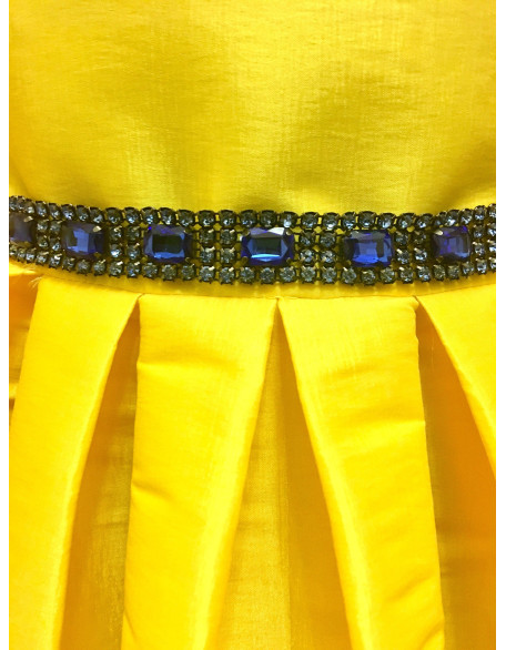 Hot yellow pageant taffeta interview dress with sleeves/ Royal blue rhinestones belt/ Girl Interview outfit/ Custom pageant dress