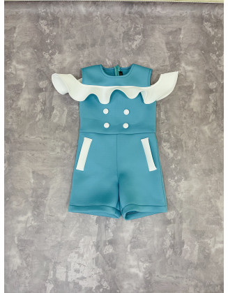 Turquoise and white girls romper with ruffles/ Casual pageant outfit/ Girls casual wear/Scuba suit/ Custom pageant outfit