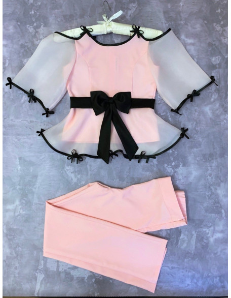 Light pink girls suit with blouse and pants and black trim/ Interview outfit/ Girls casual wear/ Pageant dress/ Casual outfit/ Custom outfit