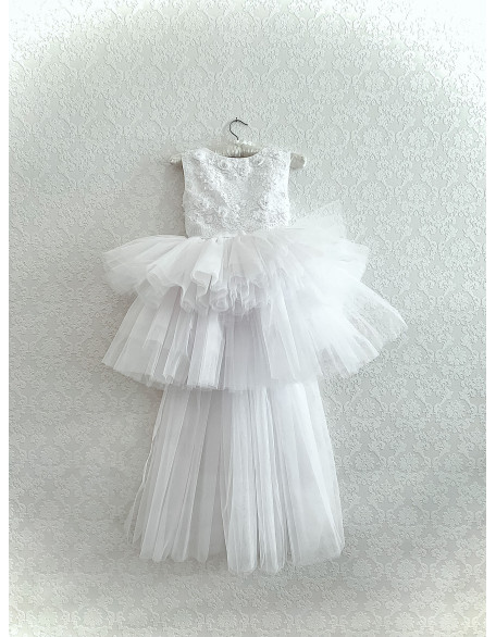 White lace pageant high low dress/ Outfit with train / Flower girl dress/ White tulle dress /Toddler dress / Custom girls pageant dresses