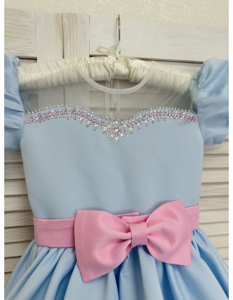 Baby blue and light pink pageant cocktail dress with rhinestones/ Knee length dress/ Teens Interview outfit /Custom pageant dress