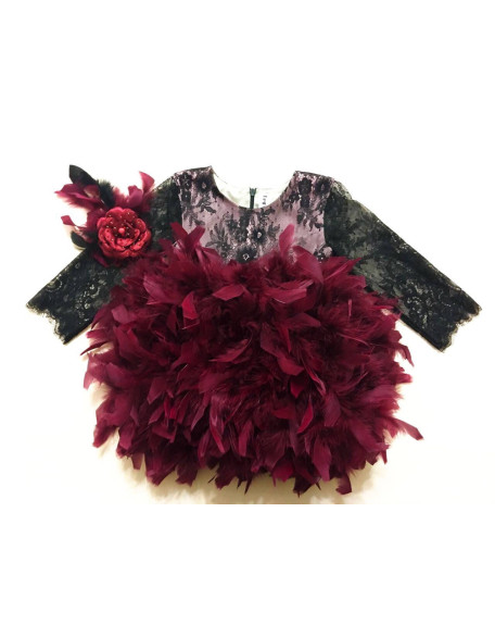 Burgundy Black lace feathers long sleeves girl dress/First Birthday Dress/ Boho dress/ Flower girl dress/ Toddler Infant Baby dress