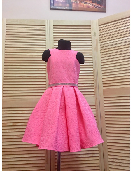 Neon hot pink pattern pageant interview dress with rhinestones belt/ Pageant girls dress/ Cocktail dress/ Custom pageant dress