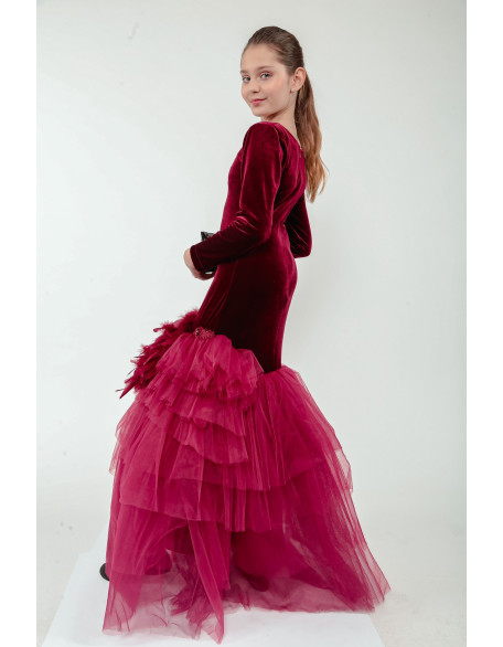 Burgundy pageant velvet long sleeves girl dress/ Tulle mermaid dress/ Teens floor length dress/ Prom Wedding Birthday dress/ Custom outfit