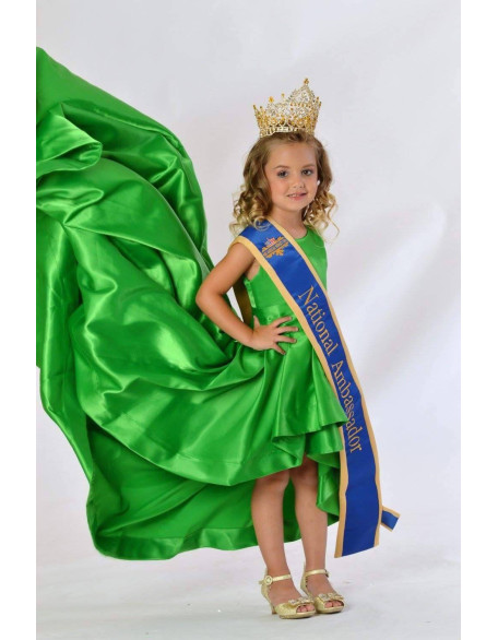 Grass green pageant high low dress with long train /Fun fashion pageant outfit/ Runway dress/ Green satin dress with train / Custom dresses