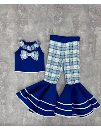 Royal blue and white tweed checkered pageant suit with top and bell bottom ruffles pants/ Pageant casual wear/ Custom pageant outfit