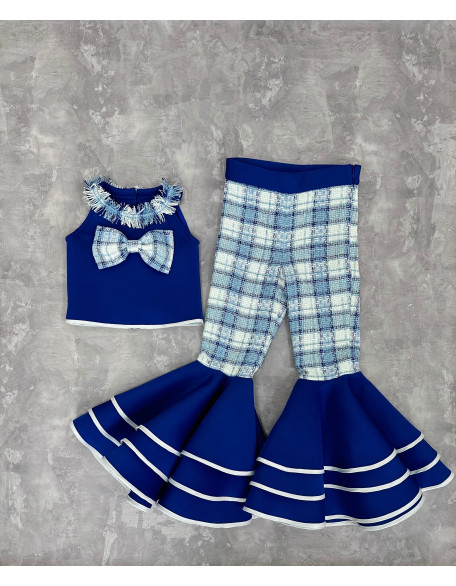 Royal blue and white tweed checkered pageant suit with top and bell bottom ruffles pants/ Pageant casual wear/ Custom pageant outfit