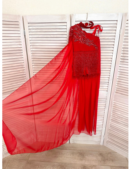 Bright red beaded fringes pageant fun fashion outfit with chiffon cape and one sleeve/ Girls teens custom pageant rhinestones runway outfit