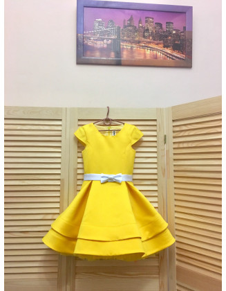 Hot yellow pageant interview cocktail dress with cup sleeves/ White bow belt / Girl Interview outfit/ Pageant wear/ Custom pageant dresses