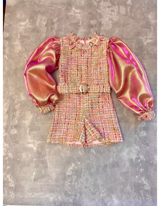 Pink gold tweed girls pageant romper with organza sleeves/ Girls casual outfit/ Pageant casual wear/ Custom pageant outfit