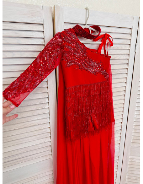 Bright red beaded fringes pageant fun fashion outfit with chiffon cape and one sleeve/ Girls teens custom pageant rhinestones runway outfit