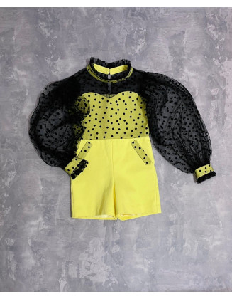 Yellow black polka dots girls pageant  denim romper with sleeves/ Girls casual outfit/ Pageant casual wear/ Custom pageant outfit