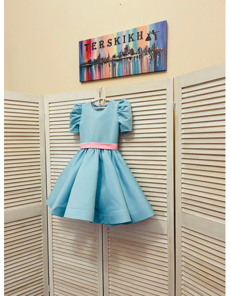 Blue turquoise pageant interview cocktail dress with pink belt/ Knee length dress/ Teens Interview outfit /Custom pageant dress