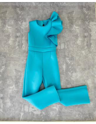 Teal turquoise girl neoprene jumpsuit with ruffle/ Casual romper/ Girls casual wear/ Ruffles romper/ Custom outfit