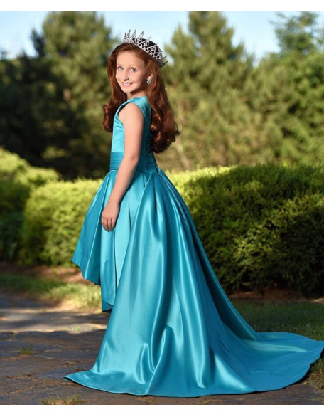 Turquoise blue pageant high low dress with train /Fun fashion pageant dress /Runway outfit/ Dress with train / Custom pageant dress