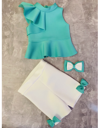 Mint turquoise and white girls suit with top and shorts/ Casual pageant outfit/ Girls casual wear/Scuba suit/ Custom outfit