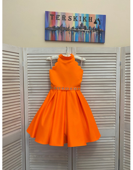 Neon orange pageant cocktail dress with scrolled neckline and stoned belt/ Knee length dress/ Girl cocktail outfit/ Custom pageant dresses