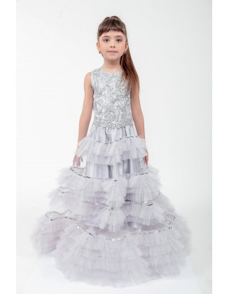 Silver gray lace girl tulle dress/ Flower girl dress/ Baby toddler floor length dress/ Prom Pageant  Wedding Birthday gown/ Custom dress